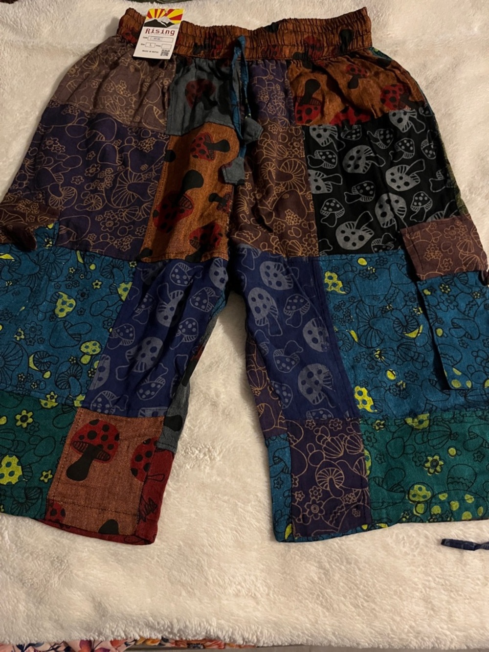 Patchwork Mushroom Print Drawstring Shorts- Multicolor